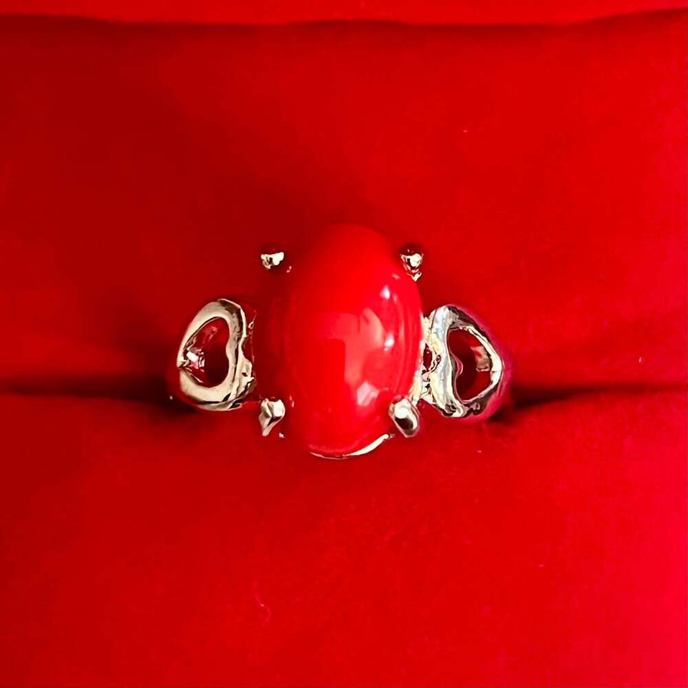 Atrium Red Gemstone with Heart Accents Titanium Steel Silver Ring Size 9